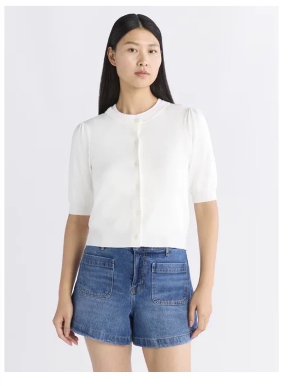 Free Assembly Women’s Cardigan Sweater with Puff Sleeves White